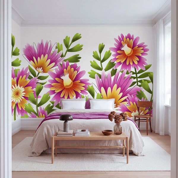 Group of flowers with green leaves Wall mural Group of flowers with green leaves
