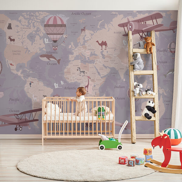 A map of the world with airplanes and hot air balloons A map of the world with airplanes and hot air balloons